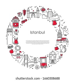 Modern Vector Illustration Istanbul, Turkey. Famous Turkish Landmarks And Symbols In The Round Composition On White. Trendy Line Elements In The Circle Frame. Travel And Souvenir Card Design