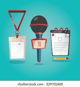 Modern vector illustration of journalism. Microphone, press card, notebook.