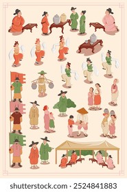 Modern Vector Illustration of Korean Traditional Folk Paintings Depicting Historical Events. Template design for stickers and icons.	