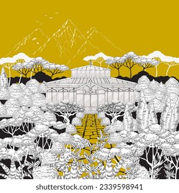 Una moderna ilustración vectorial del primer invernadero de estilo occidental de Corea, el Gran Greenhouse del Palacio Changgyeonggung