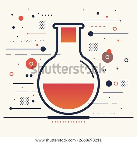 modern vector illustration of a laboratory flask filled with red orange liquid surrounded by geometric shapes and dots reflecting scientific research chemistry education and medical innovation