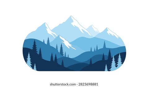 Modern vector illustration of layered blue icy mountain peaks with snow caps and a silhouette pine tree forest in the foreground, minimalist nature landscape on white background.