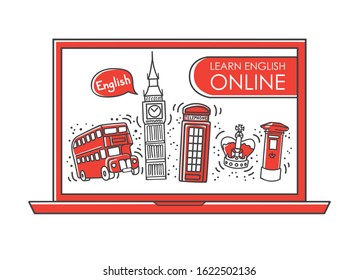 Modern vector illustration Learn English online. Doodle British symbols on the laptop screen. Famous London attractions in the line style. Distant and home education concept.