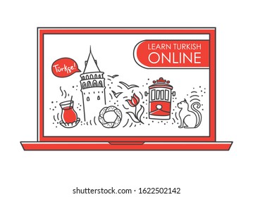 Modern vector illustration Learn Turkish online. Famous symbols of Turkey on the laptop screen. Foreign language school or course. Distant and home education concept in the doodle style.