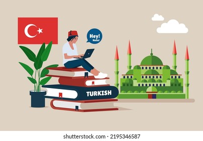 Modern vector illustration Learn Turkish online. Foreign language school or course. Distant and home education concept.