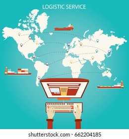 Modern vector illustration of Logistic global transportation concept. Illustration of transport service on world map background