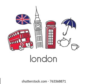 Modern vector illustration London with hand drawn doodle english symbols: Big Ben, double decker bus, telephone box, umbrella, tea pot.  Simple minimalistic design with black outline isolated on white