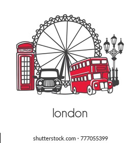 Modern vector illustration London with hand drawn doodle english symbols: double decker bus, telephone box, street lamp, cab, big wheel. Simple minimalistic design with black outline isolated on white