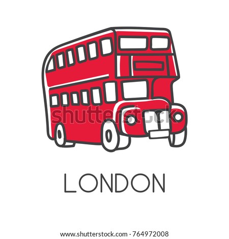 Modern vector illustration London with hand drawn doodle english symbol - red double decker bus. Simple minimalistic sketch design with black outline isolated on white. Touristic logo, icon.