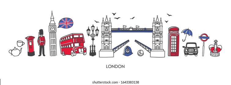 Modern vector illustration London, the United Kingdom. Famous British attractions and places of interest in trendy line style. Horizontal skyline banner for souvenir print design or city promotion.