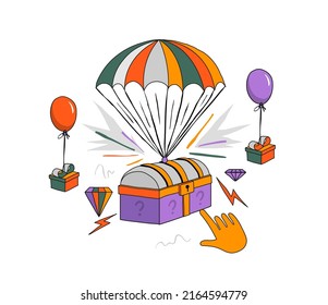 Modern Vector illustration with loot boxes in linear style. Surprise box and gift boxes parachute down with a hand pointing at them.