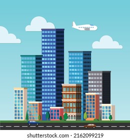 modern vector illustration. Lovely town or city with skyscrapers and small low stores buildings and houses, trees, clouds in the sky