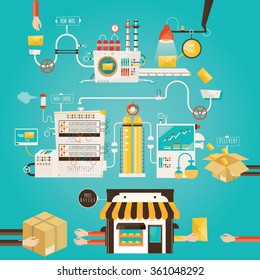 Modern vector illustration of mail industry, mail manufacturing, factory of mail