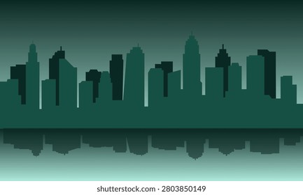Modern vector illustration of a major city skyline against a deep, dramatic sky. The city's silhouette is rendered in a deep, dark forest green, featuring a variety of distinct skyscraper shapes, including a few prominent, pointed spires that create a dynamic profile.
