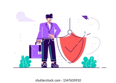 Modern vector illustration. Man is holding a shield covering from attacks. Protection, insurance, from business dangers concept. Flat style modern design vector illustration for web page, cards