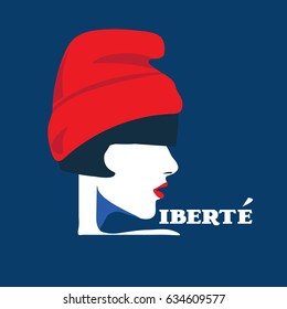 Modern Vector illustration of Marianne, national symbol of the French Republic or France. Text in French "Freedom". 