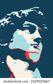 Ilustración vectorial moderna con el David de Miguel Ángel. Diseño sencillo con escultura clásica de joven. Retrato de hombre con fuerte contraste de luz roja y azul, ideal para afiches, arte en la pared, camiseta.