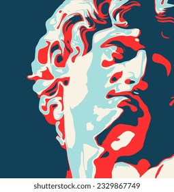 Modern Vector Illustration with Michelangelo's David. Simple Design with Classic Sculpture of Young Man. Portrait of Man With Strong Contrasting Red and Blue Light, ideal for Poster, Wall Art, Shirt.