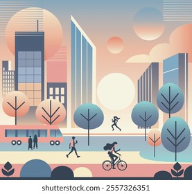 Modern vector illustration in minimalistic style city landscape, sunset or sunrise with fashionable gradient, trendy color, buildings, people and nature. Suitable for decor, poster, web design, websit