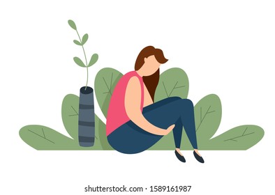 Modern vector illustration of miserable, sad, unhappy woman sitting on the ground. Concept of depression, trouble and psychological problems