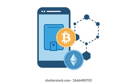 Ilustración vectorial moderna de una cartera de criptomonedas móvil con íconos de Bitcoin y Ethereum, que simboliza los pagos de blockchain y los activos digitales.