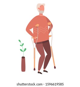 Modern vector illustration of old disabled man. An elderly man with  walking cane. Isolated on white background.