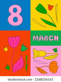 Ilustración vectorial moderna el día 8 de marzo. Festividad del Día Internacional de la Mujer ilustración vectorial en una paleta colorida. Tarjeta de felicitación del Día de la Mujer con flores dibujadas a mano 