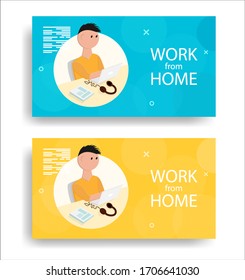 Modern vector illustration on the theme of working from home. Work at home. Set with different colored backgrounds. Freelancing. Working programmer in a laptop
