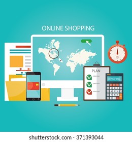 Modern vector illustration of online shopping, finance instrument. 