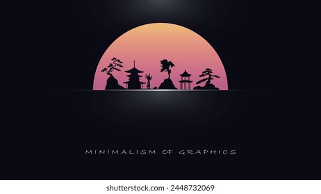 Modern vector illustration in oriental style. Landscape on the background of sunset. Web cover.