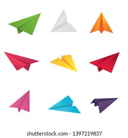 Modern vector illustration  of paper plane. Origami aircraft. Business set for mail and message. Colourful and white