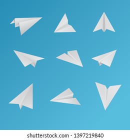 Modern vector illustration  of paper plane. Origami aircraft. Business set for mail and message. Colourful and white