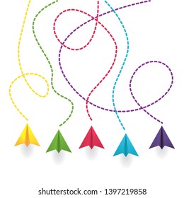 Modern vector illustration  of paper plane. Origami aircraft. Business set for mail and message. Colourful and white