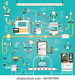 Ilustración vectorial moderna de la producción pc. Fábrica de portátiles.