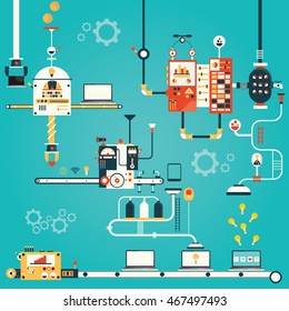 Modern vector illustration of pc production. Factory of laptop. 