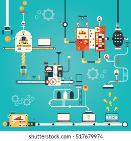 Modern vector illustration of pc production. Factory of laptop.