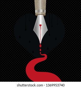 Modern vector illustration of a pen with a bleeding heart dripping blood from its tip. Concept illustration of a bleeding heart. Black background with dotted pattern design.