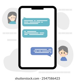 Modern Vector Illustration of People Engaging in Online Communication: A Man and Woman Discussing via Chat on Smartphones. This Flat Design Concept Highlights the Role of Mobile Technology.