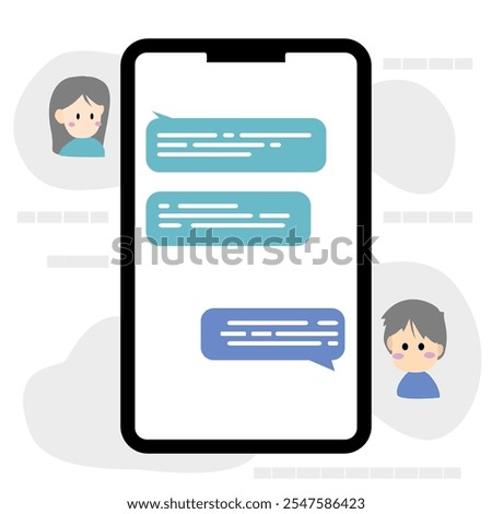 Modern Vector Illustration of People Engaging in Online Communication: A Man and Woman Discussing via Chat on Smartphones. This Flat Design Concept Highlights the Role of Mobile Technology.