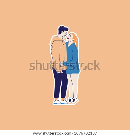 Modern vector illustration of people hugging. Young couple in love. The beginnings of a relationship. Romance. Isolated illustration for your projects.