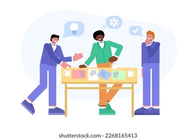 Modern vector illustration of people standing near the table and talking. Strategy meeting, planning, brainstorming concept