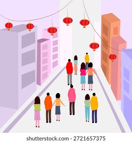 Ilustração vetorial moderna de pessoas caminhando por uma rua da cidade decorada com lanternas durante o Ano Novo Lunar. Representa celebração urbana, ambiente cultural e estilo de vida festivo para feriados