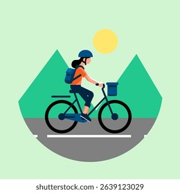 Modern vector illustration of a person cycling, wearing a helmet and carrying a bag. Perfect for eco-friendly transportation, fitness, and daily commuting themes.