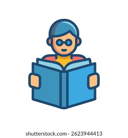 Modern vector illustration of a person reading a book, symbolizing learning, study time, and education. Clean reading icon design on white background.