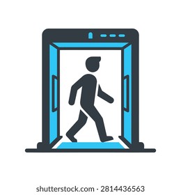 Modern vector illustration of a person walking through a blue and dark gray metal detector gate for airport security screening