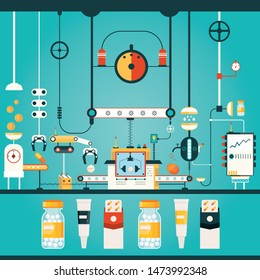 Modern vector illustration of pharmaceticual factory. Manufacturing of pharmacy. Technology of healthcare industry. 