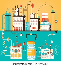 Modern vector illustration of pharmaceticual factory. Manufacturing of pharmacy. Technology of healthcare industry. 