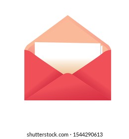 Modern vector illustration of  pink envelope with blank card. Postal envelope