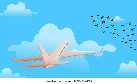 Modern vector illustration of plane flying in the sky with birds in the background.