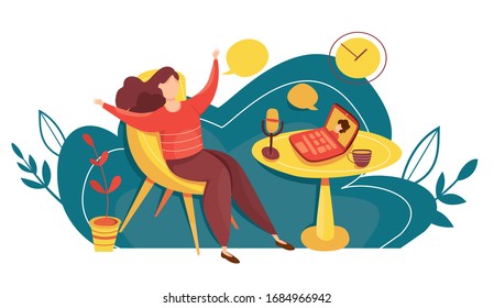Modern vector illustration of podcasting. Live streaming. Podcast studio with radio host. Webinar, online training, tutorial podcast concept. Collaboration of bloggers and vloggers. Broadcasting. 